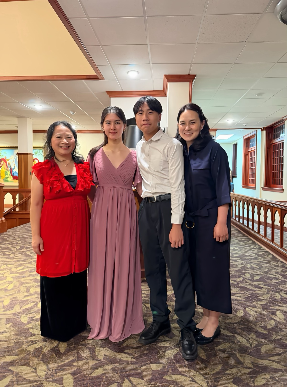 Amy I-Lin Cheng, Artistic Director of Brightmusic, with Cassie Solorzano, Jayden Nguyen, and Jennifer Mihee Song after the Young Artists Spotlight, September 2026